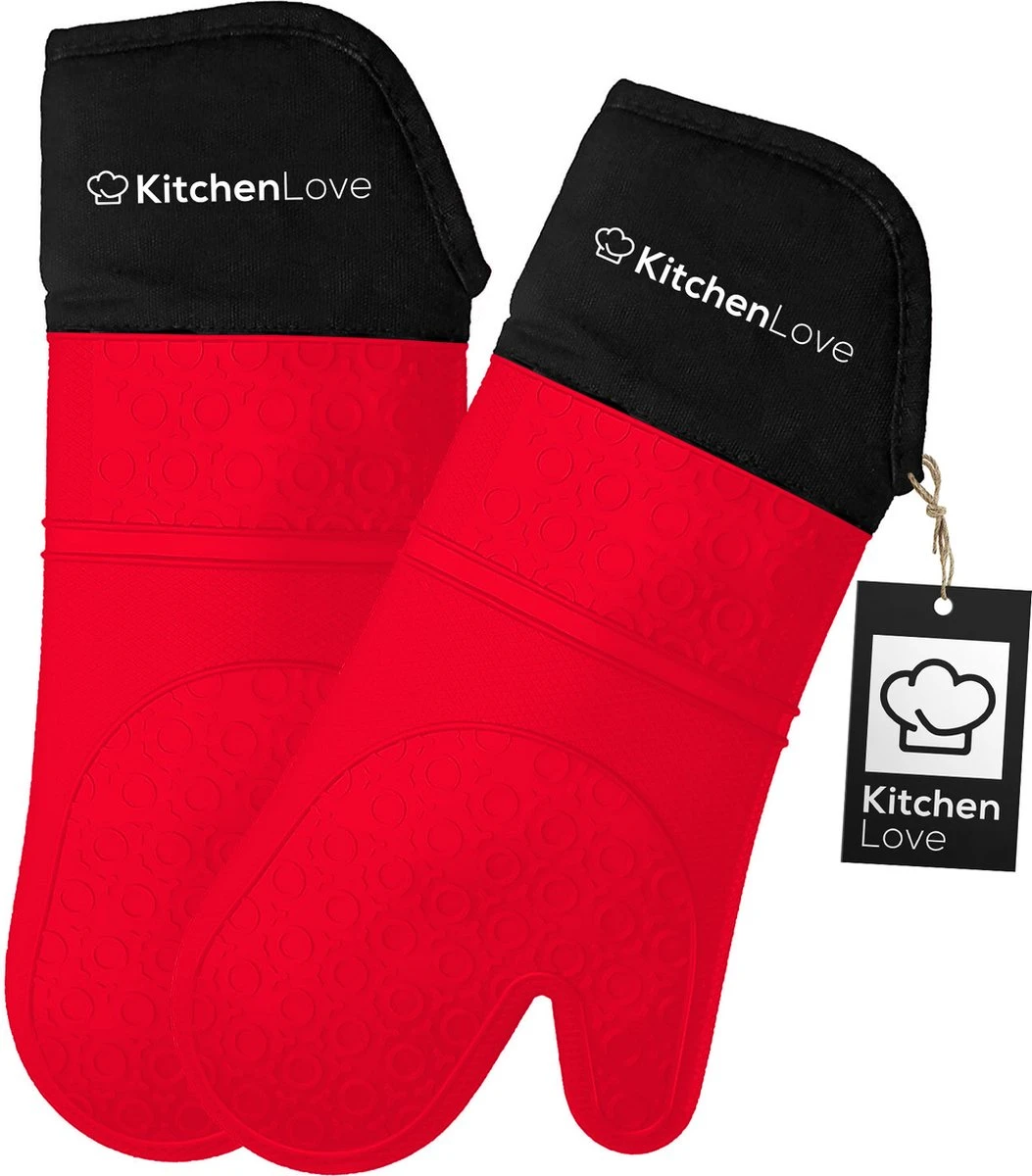 KitchenLove Ovenwanten - 2 Stuks Ovenhandschoenen - Hittebestendig Tot 250 °C - Siliconen - Rood