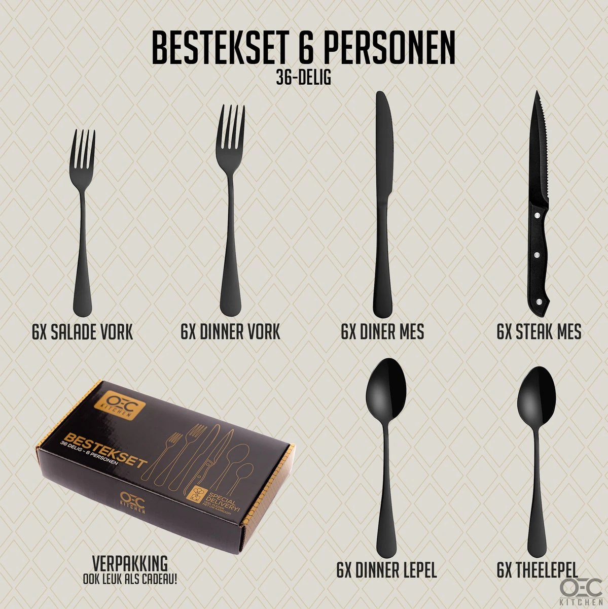 OEC Kitchen Bestekset 36-delig - Zwart - 6 Persoons - Steakmessen - Messen - Vorken - Lepels - RVS - Afbeelding 2