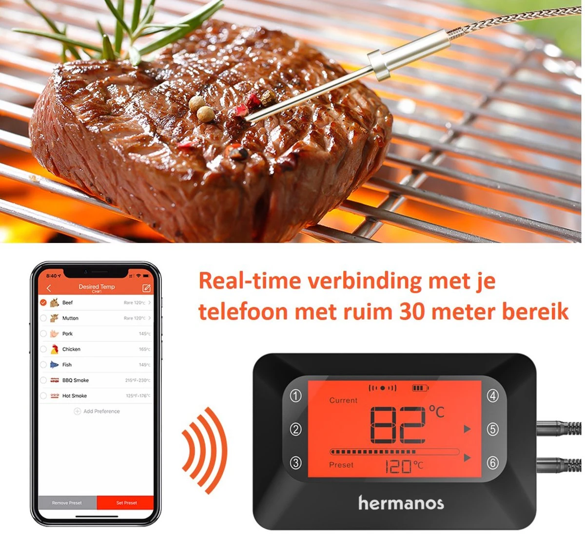 Hermanos® Digitale BBQ Thermometer Draadloos - Keukenthermometer - Bluetooth Met App - 4 Sondes - Magneet - Incl. Batterijen - Afbeelding 2