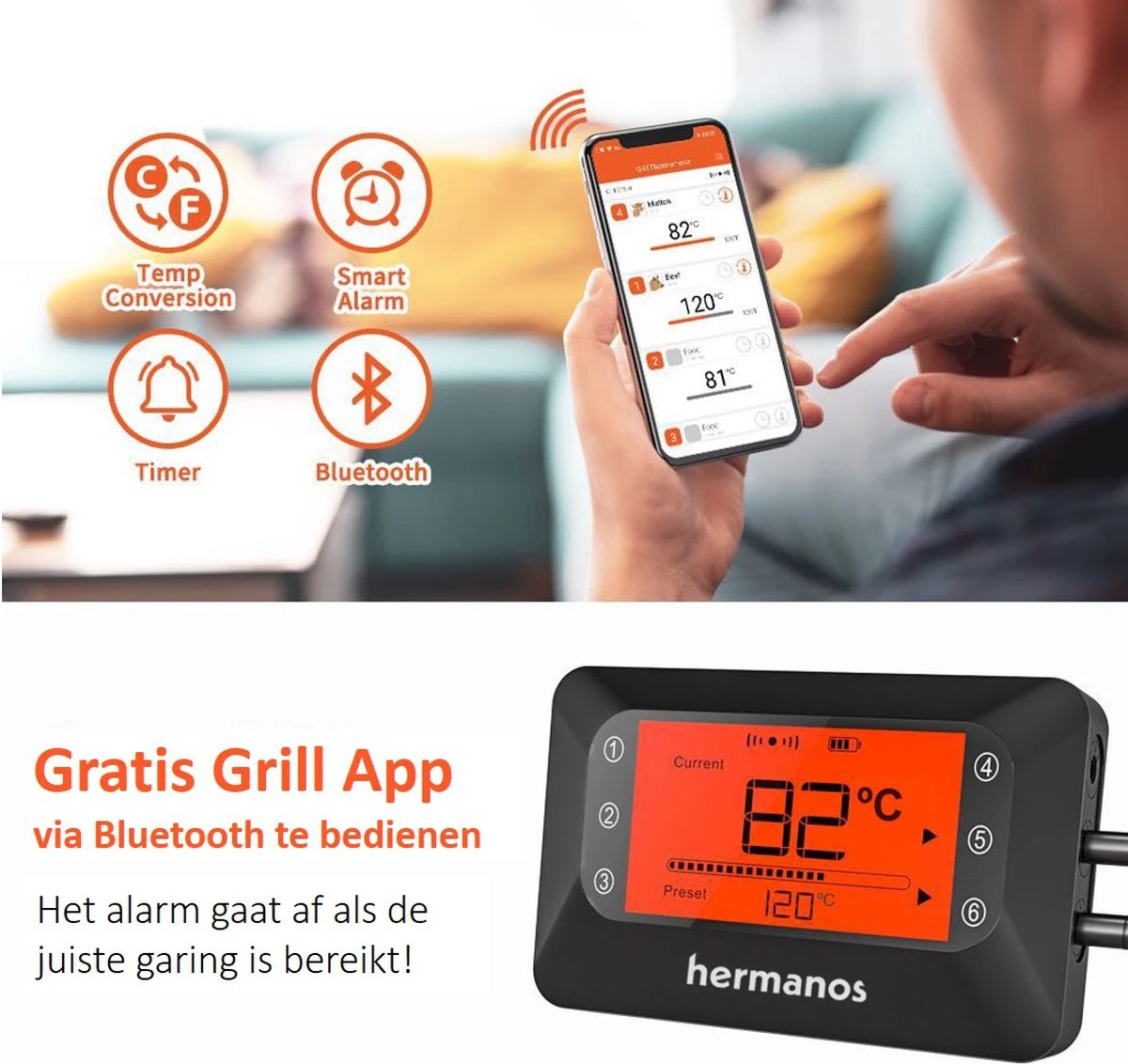 Hermanos® Digitale BBQ Thermometer Draadloos - Keukenthermometer - Bluetooth Met App - 4 Sondes - Magneet - Incl. Batterijen - Afbeelding 4