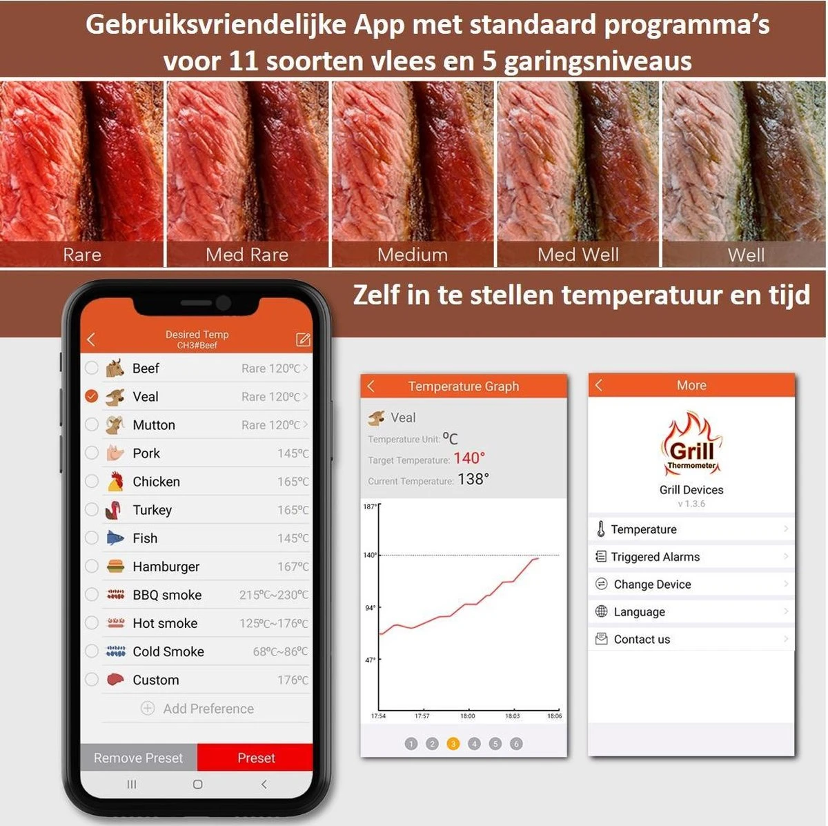 Hermanos® Digitale BBQ Thermometer Draadloos - Keukenthermometer - Bluetooth Met App - 4 Sondes - Magneet - Incl. Batterijen - Afbeelding 5
