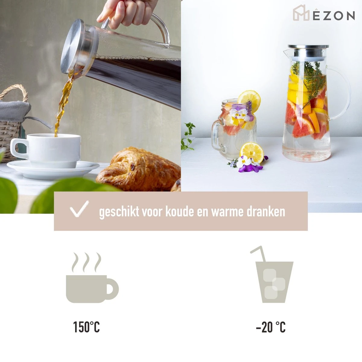 MÊZON® Schenkkan - Glazen Waterkan - Waterkaraf Voor Fruitwater - Multifunctionele Decanteer Karaf - Kan Met Deksel - 1.5L Capaciteit - Afbeelding 4