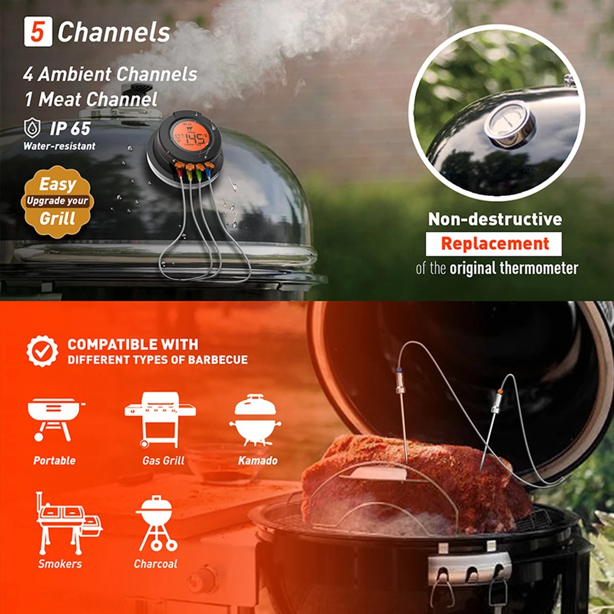 ToGrill - Smart Bluetooth Barbecue Dome Thermometer Met 2 Probes AT-02 | Draadloze Slimme BBQ Vleesthermometer Met App | - Afbeelding 2