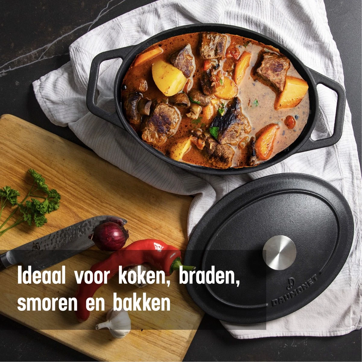 Gietijzeren Braadpan - Sudderpan Zwart Van Daumonet - Ovaal - Ø 29 Cm - 3 Liter - 100% PFAS & PFOA Vrij - Emaille - Geschikt Voor Alle Warmtebronnen - Elektrisch - Gas - Halogeen - Inductie - Keramisch - Vaatwasserbestendig - Afbeelding 4