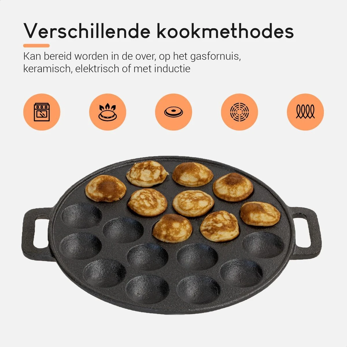 Ocina Poffertjespan – Combo Pack – 19 Poffertjes – Poffertjesmaker – Poffertjespan Inductie – Poffertjespan Electrisch – Gietijzeren Pan - Inclusief Doseerfles, Handvaten, 6x Poffertjesvorken En Invetkwast – Gratis Receptenboek - Afbeelding 4