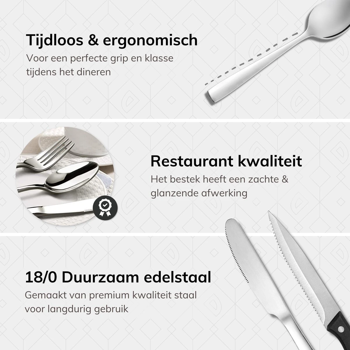 Deleca 8 Persoons Bestekset (48-delig) - Lepels, Messen, Vorken & Steakmessen - Vaatwasserbestendig - Zilver / RVS - Afbeelding 6