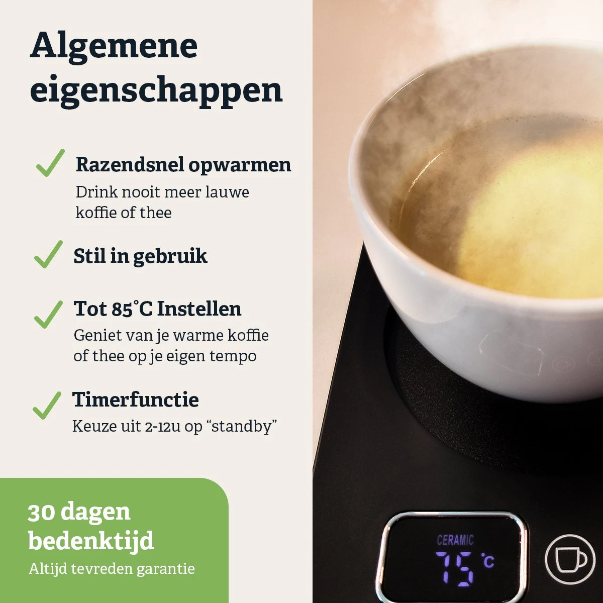 Shutterlight Verwarmde Onderzetter – Tot 85°C – 9 Standen – Timer – Warmhoudplaat Voor Mok Thee & Koffie – Mug Heating Plate – Cup Warmer - Afbeelding 3