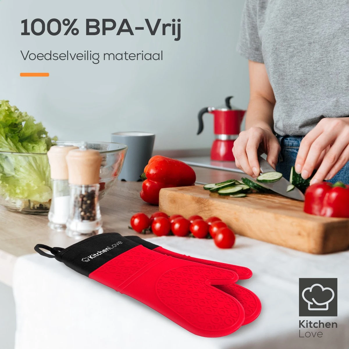 KitchenLove Ovenwanten - 2 Stuks Ovenhandschoenen - Hittebestendig Tot 250 °C - Siliconen - Rood - Afbeelding 3