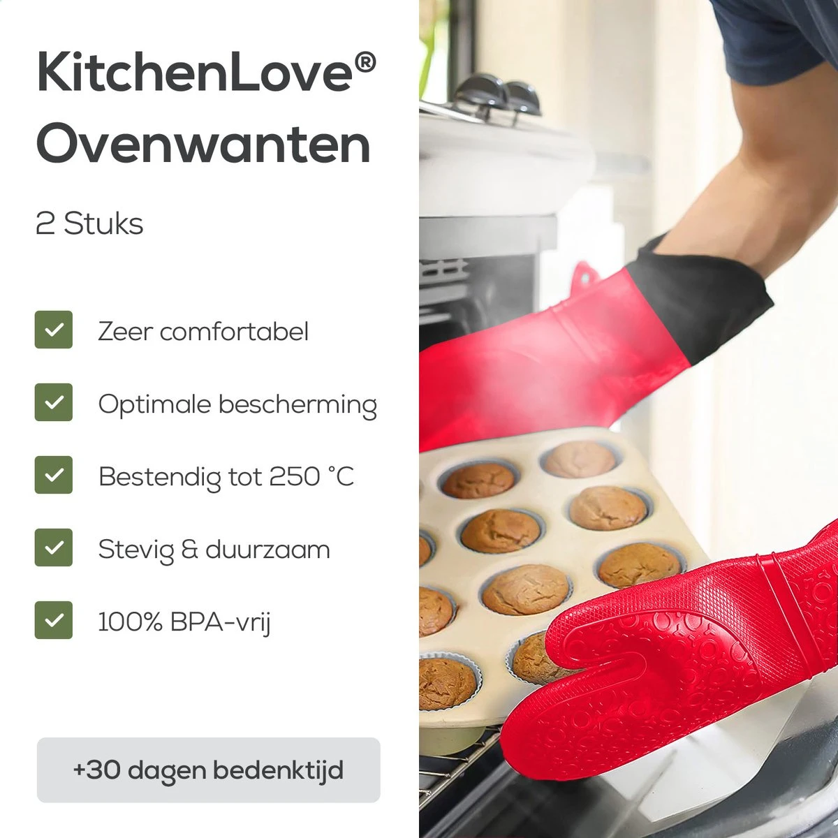 KitchenLove Ovenwanten - 2 Stuks Ovenhandschoenen - Hittebestendig Tot 250 °C - Siliconen - Rood - Afbeelding 7