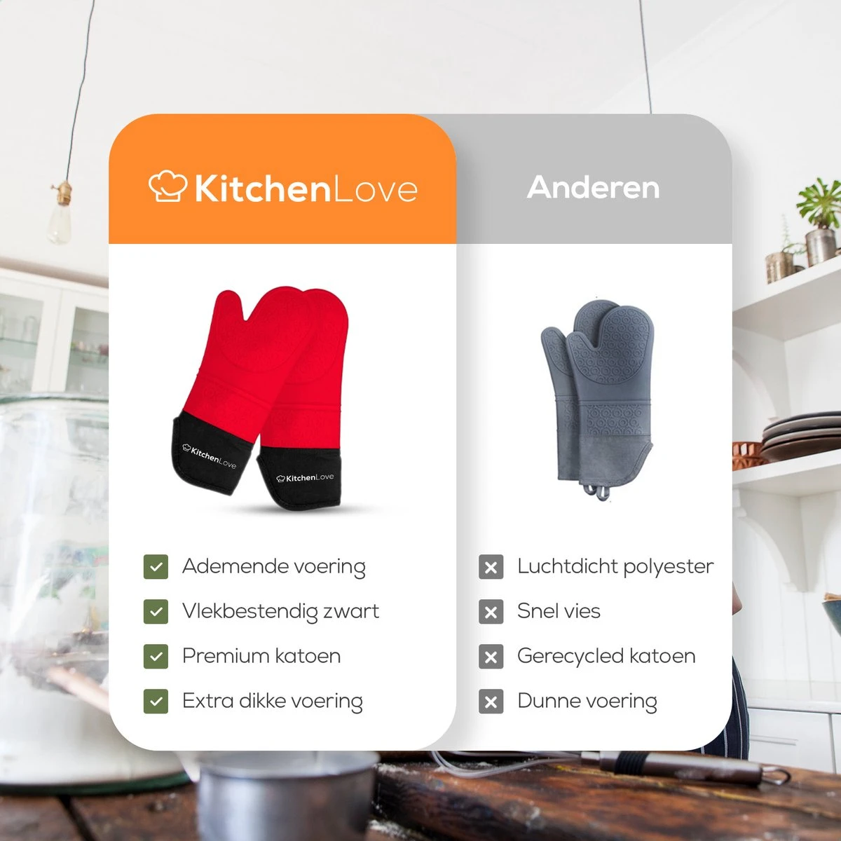 KitchenLove Ovenwanten - 2 Stuks Ovenhandschoenen - Hittebestendig Tot 250 °C - Siliconen - Rood - Afbeelding 8