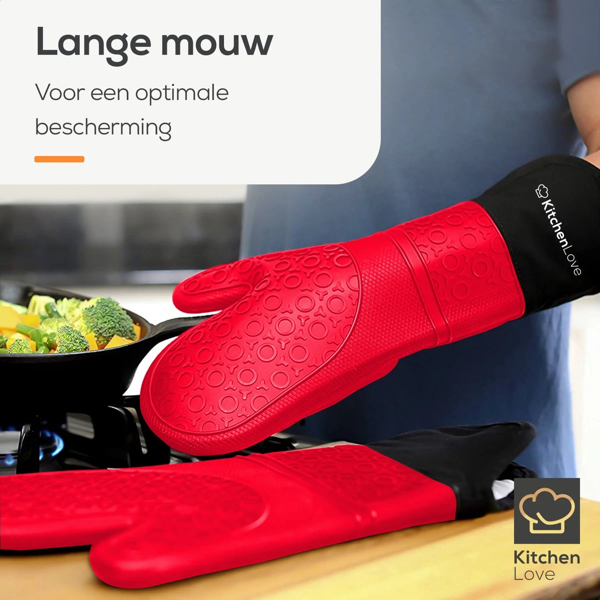 KitchenLove Ovenwanten - 2 Stuks Ovenhandschoenen - Hittebestendig Tot 250 °C - Siliconen - Rood - Afbeelding 9