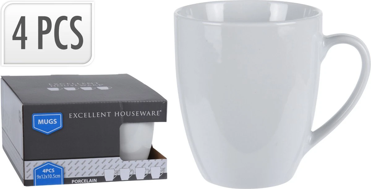 Excellent Houseware Set Van 4x Stuks Bekers/mokken Wit 380 Ml Van Porselein - Melkbekers - Afbeelding 5