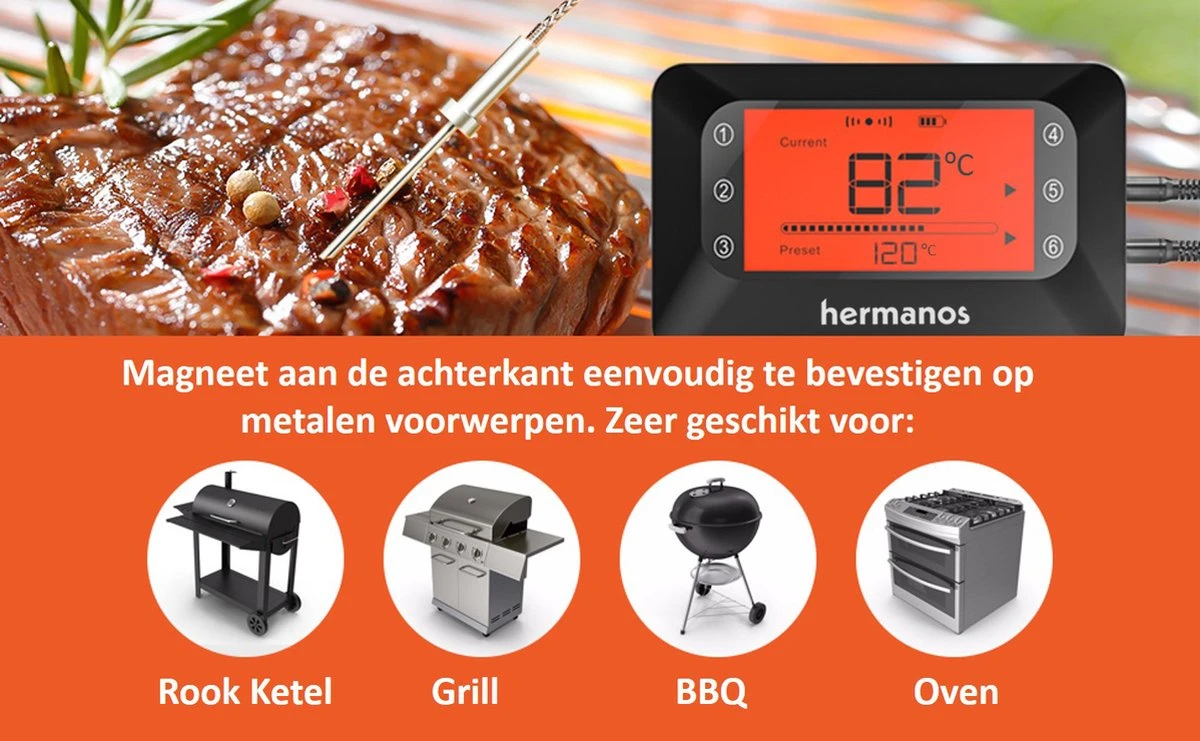 Hermanos® Digitale BBQ Thermometer Draadloos - Keukenthermometer - Bluetooth Met App - 4 Sondes - Magneet - Incl. Batterijen - Afbeelding 6