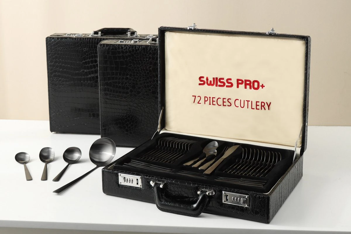 Swiss Pro+ Bestekset In Koffer-72 Delig-12 Persoons-Zwitsers Kwaliteit-Complete Set-100% Roestvrijstaal- Zwart - Afbeelding 16