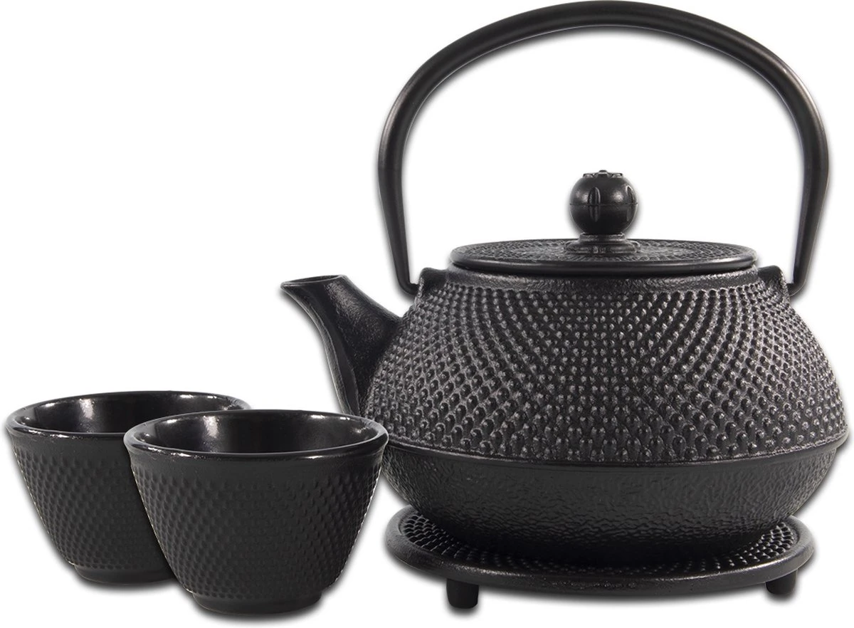 SakuraTea - Theepot Set - 4-delig - Gietijzer - Zwart - 0.8L - 2 Kopjes (100ml)