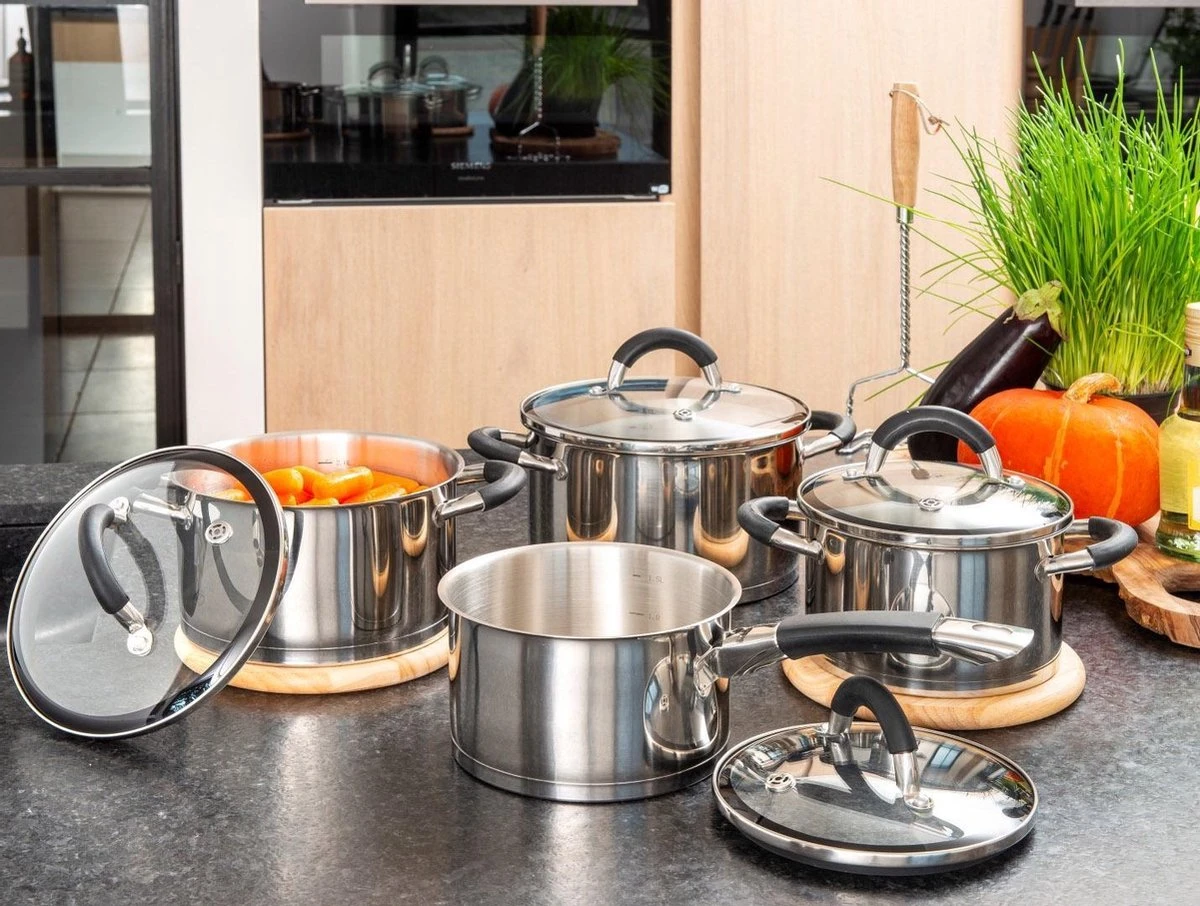 Sola Pannenset Venice - 4 Delig - Ø 16,16,18,20 Cm - Zilver - RVS - Sandwichbodem - Afbeelding 2