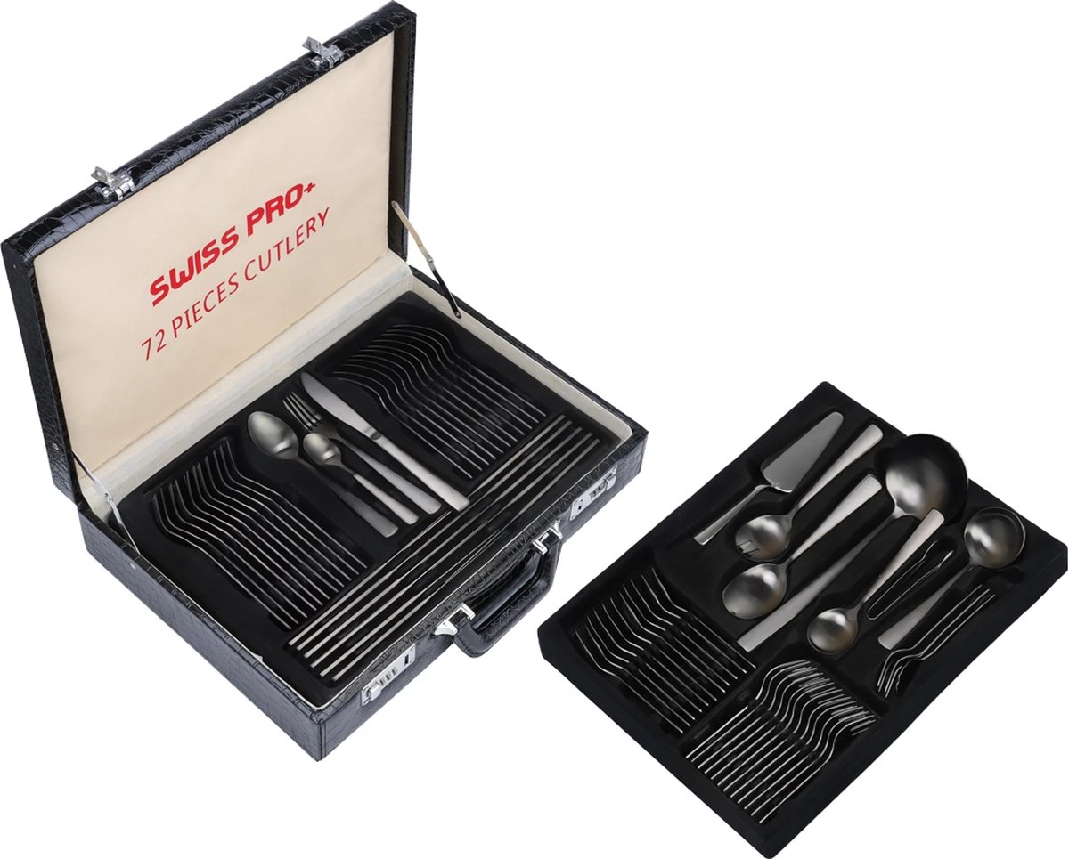 Swiss Pro+ Bestekset In Koffer-72 Delig-12 Persoons-Zwitsers Kwaliteit-Complete Set-100% Roestvrijstaal- Zwart - Afbeelding 2
